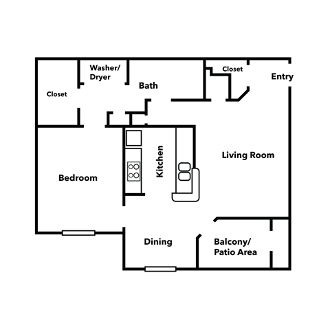Floor plan for 1 bed, 1 bath, 808 sqft